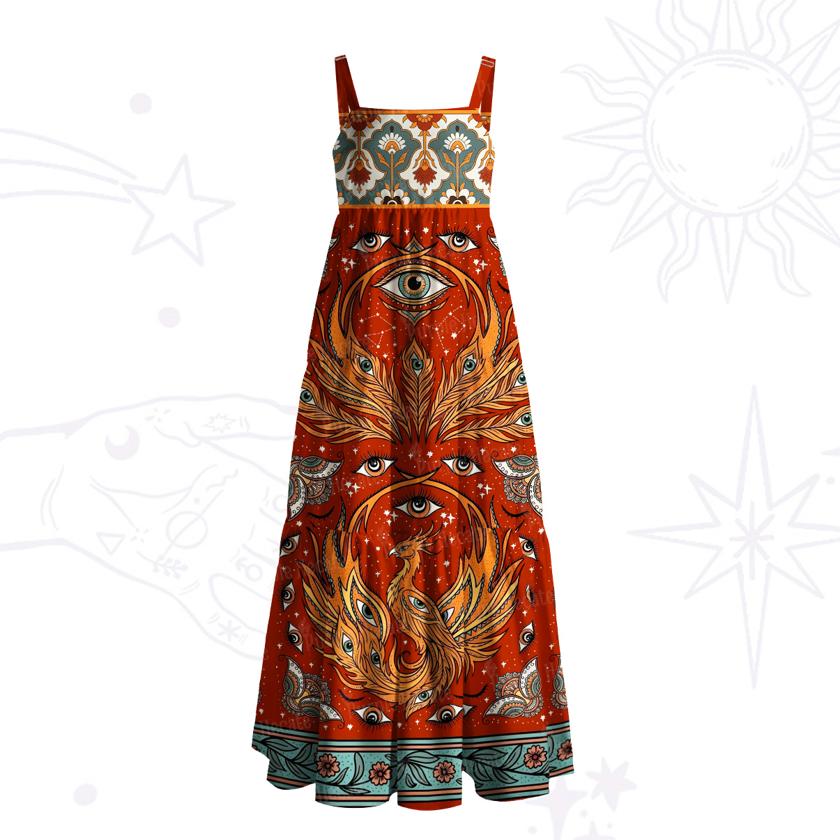 Purplehecate Rising Phoenix Eye Woven Throw Wide Straps Maxi Dress