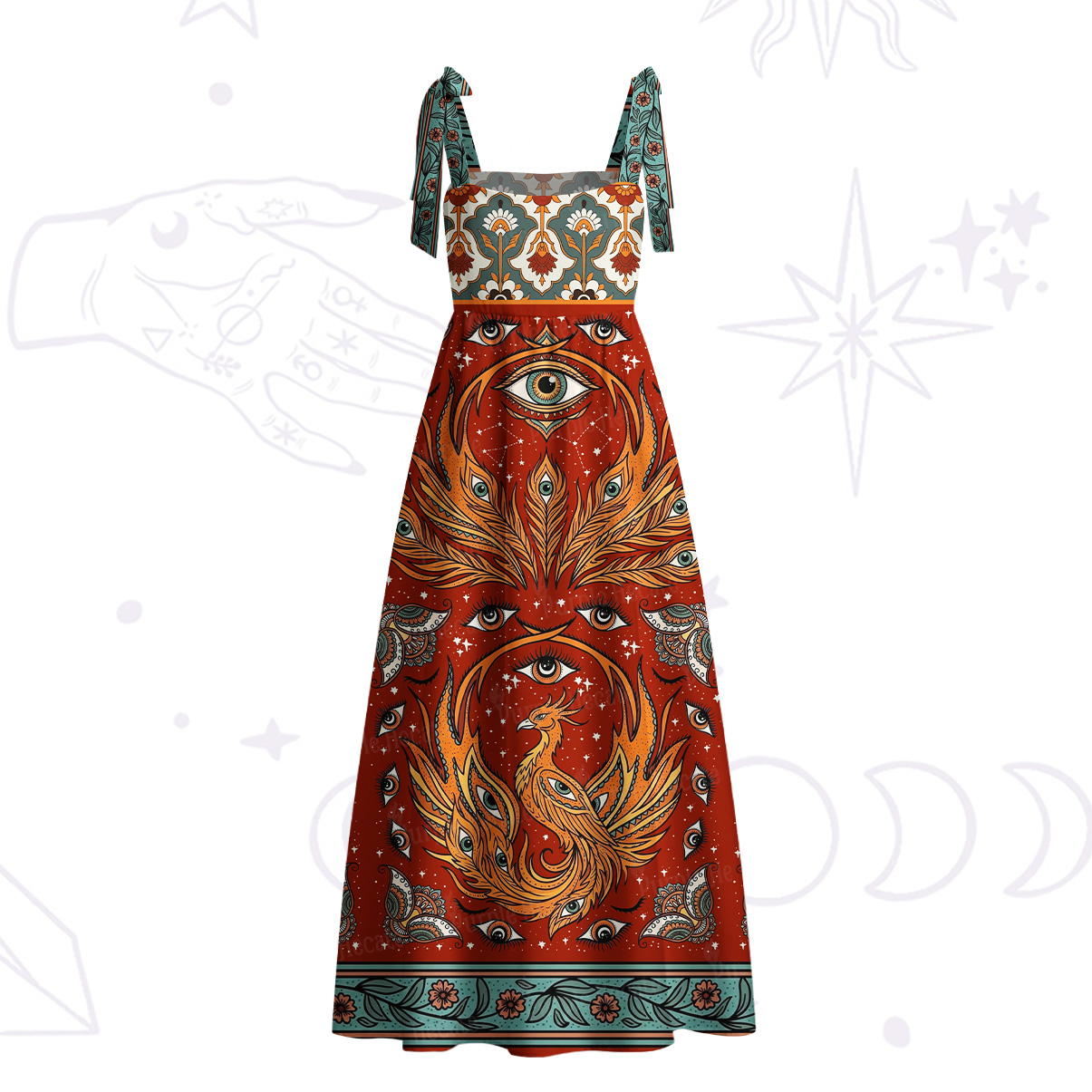 Purplehecate Rising Phoenix Eye Woven Throw Tie Shoulder Maxi Dress
