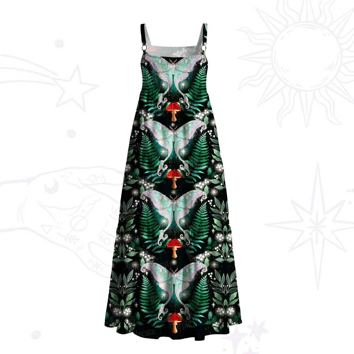 Purplehecate Enchanted Forest Moth Wide Straps Maxi Dress