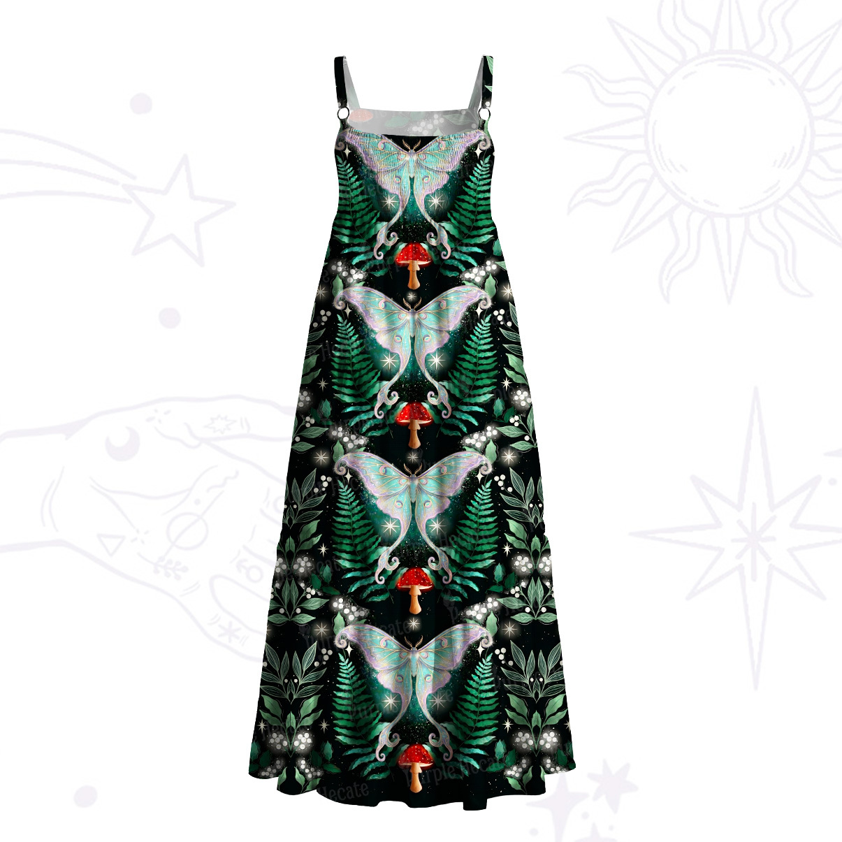 Purplehecate Enchanted Forest Moth Wide Straps Maxi Dress