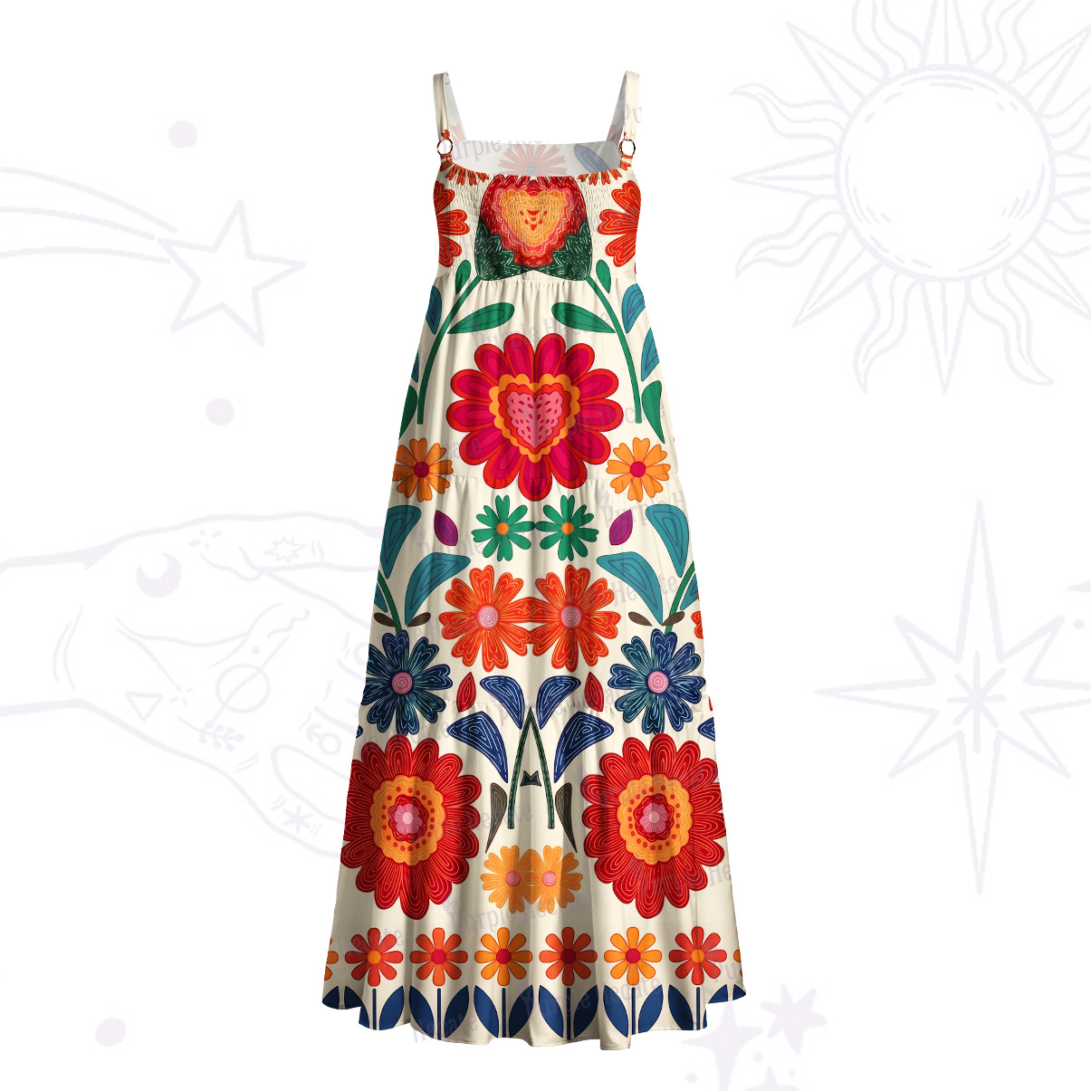 Purplehecate Retro Bloom Folk Floral Wide Straps Maxi Dress