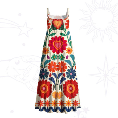 Purplehecate Retro Bloom Folk Floral Wide Straps Maxi Dress