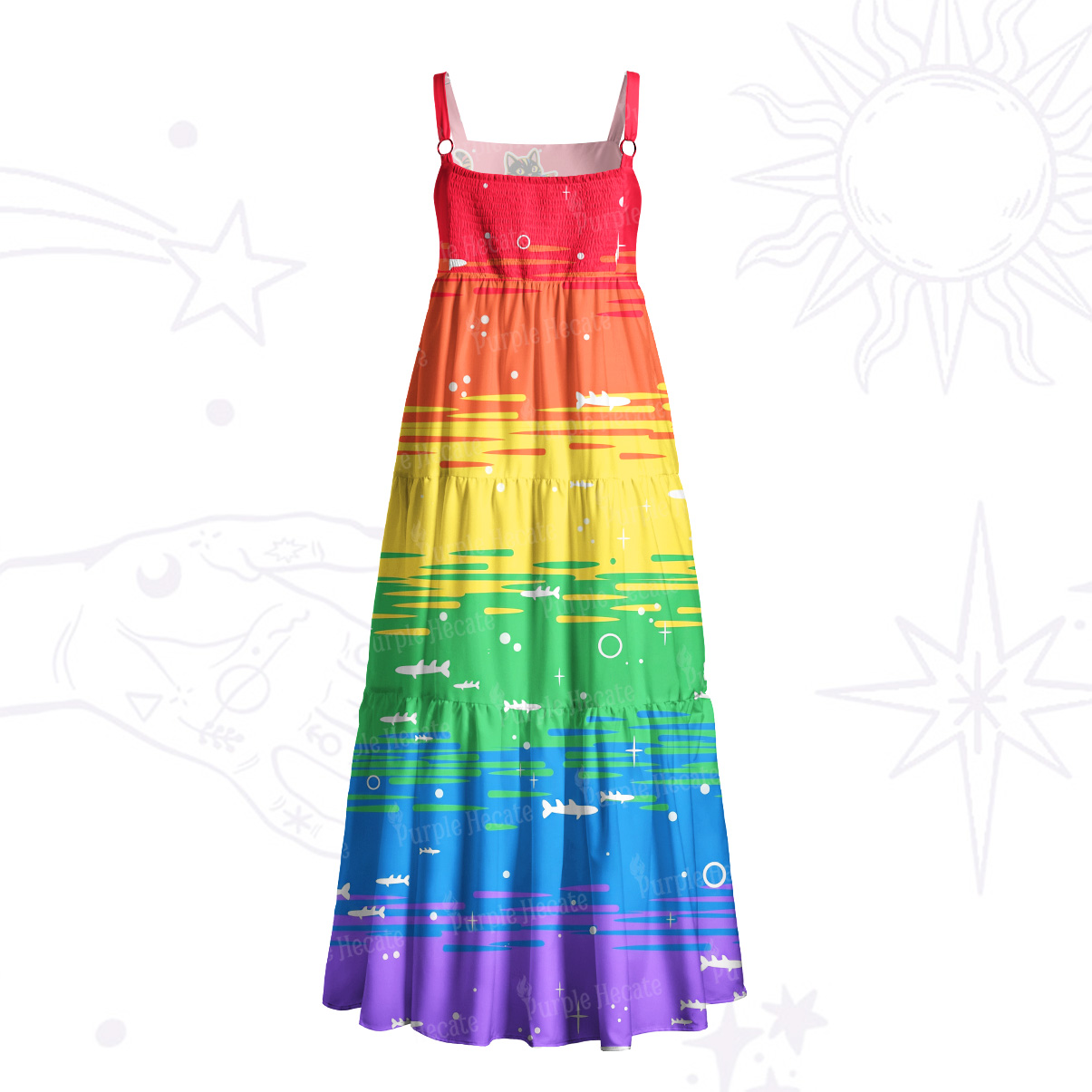 Purplehecate Pride Waves Rainbow Witch Cat Wide Straps Maxi Dress