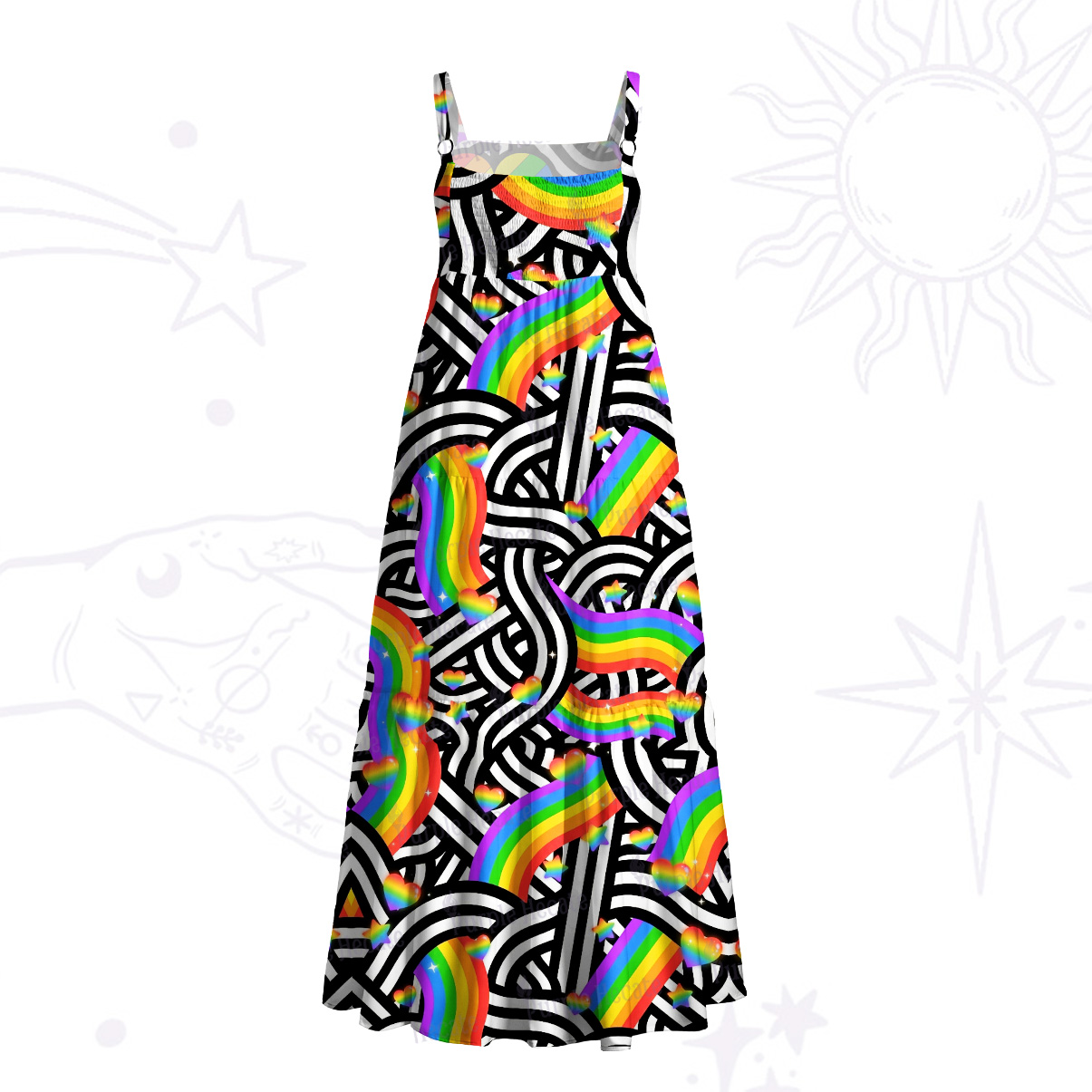 Purplehecate Pride Pop Rainbow Maze Wide Straps Maxi Dress