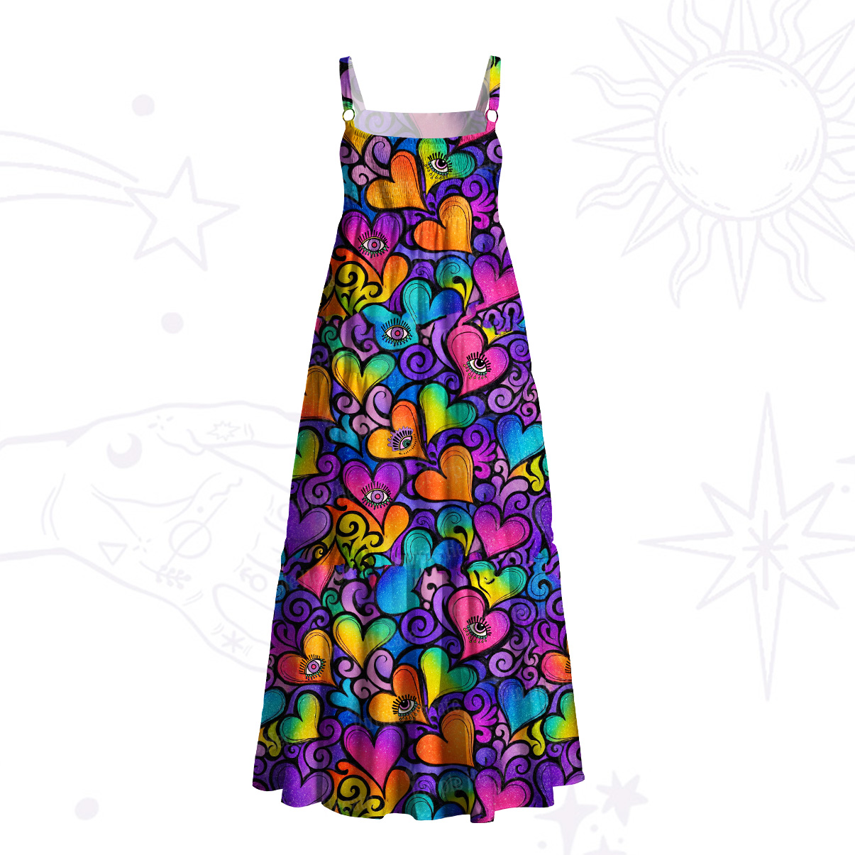 Purplehecate Psychedelic Pride Hearts Wide Straps Maxi Dress