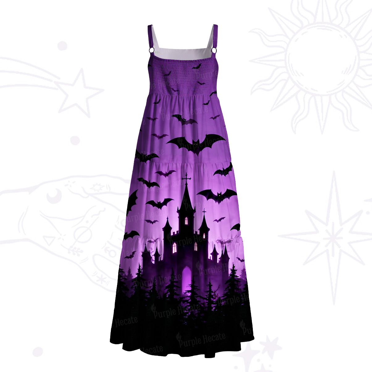 Purplehecate Spooky Night Bat Kingdom Wide Straps Maxi Dress