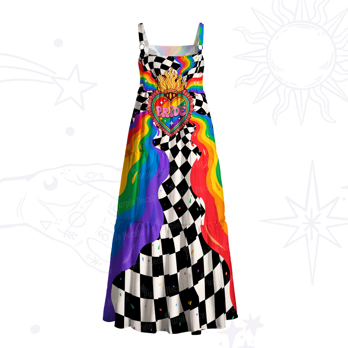 Purplehecate Trippy Rainbow Pride Heart Wide Straps Maxi Dress
