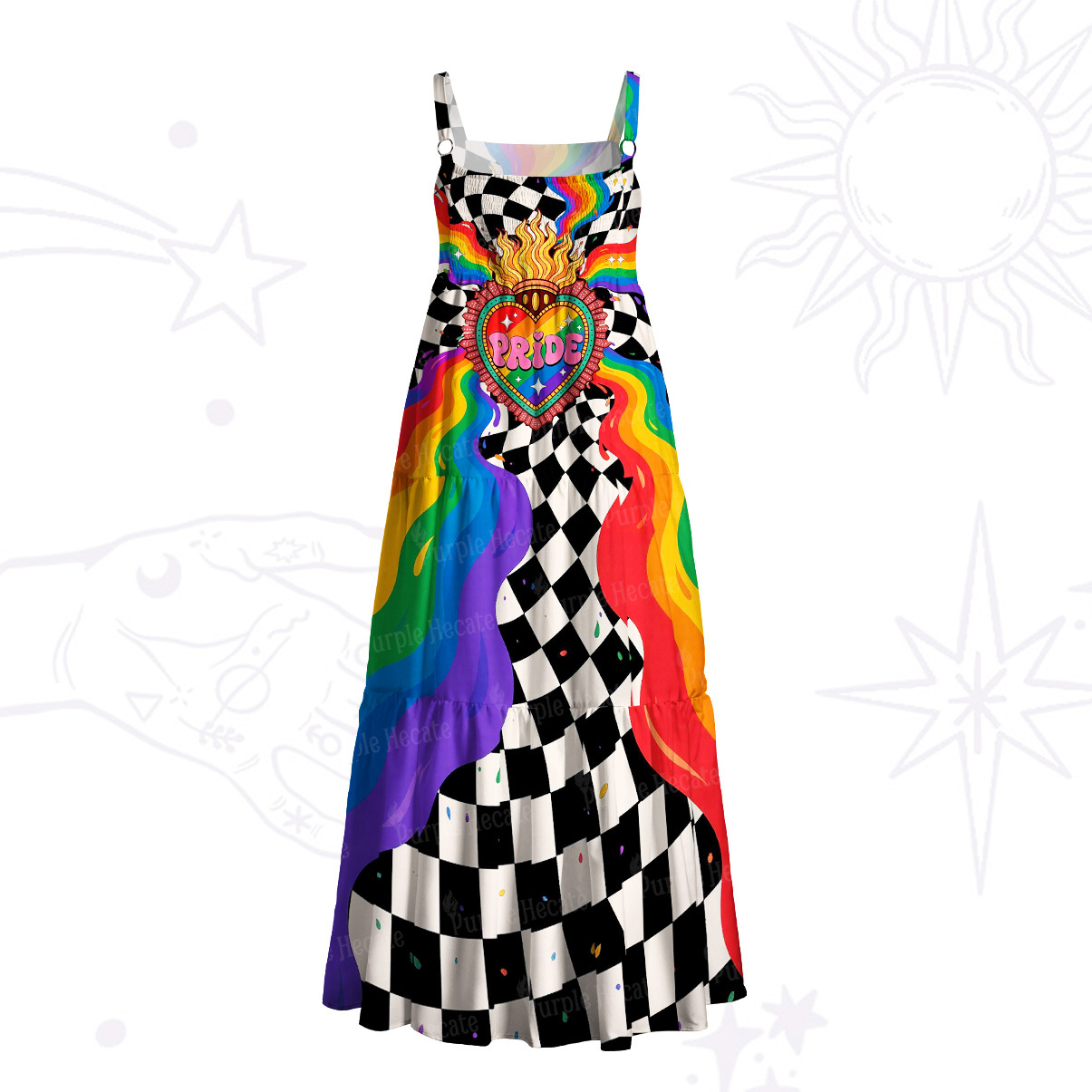 Purplehecate Trippy Rainbow Pride Heart Wide Straps Maxi Dress