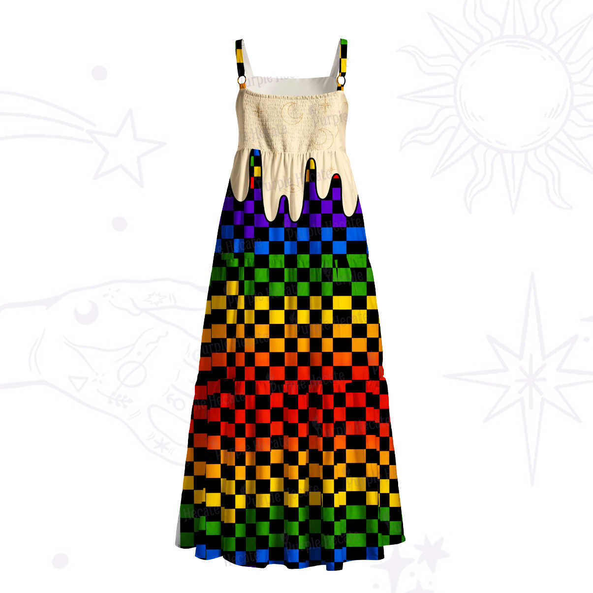 Purplehecate Pride Heart Rainbow Chessboard Wide Straps Maxi Dress