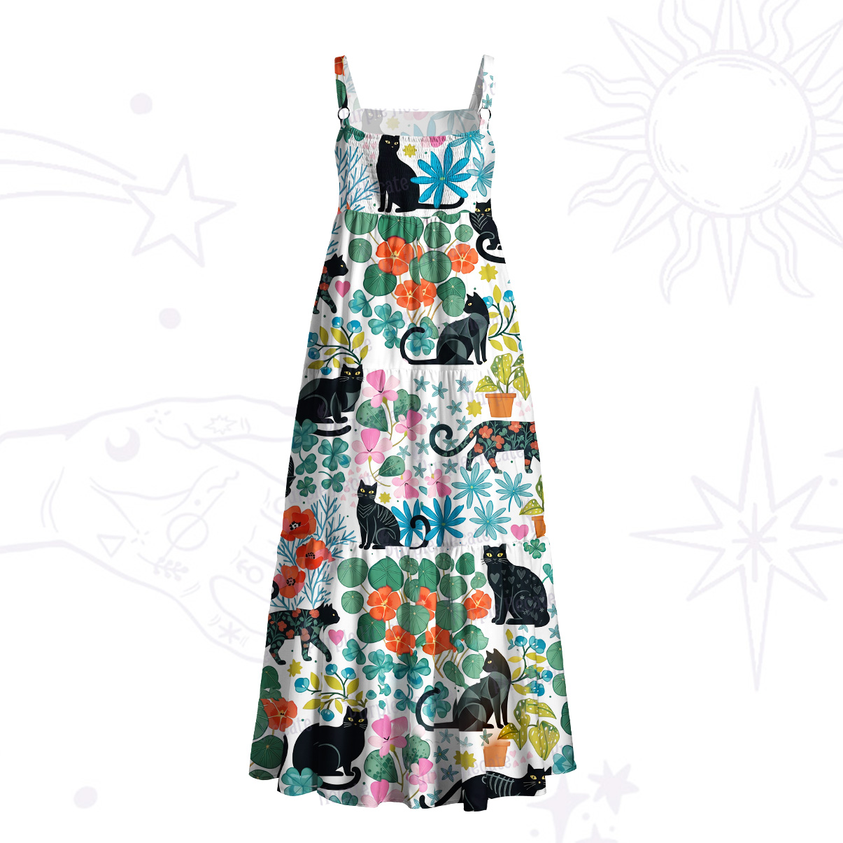 Purplehecate Mystic Meadow Black Cats Wide Straps Maxi Dress