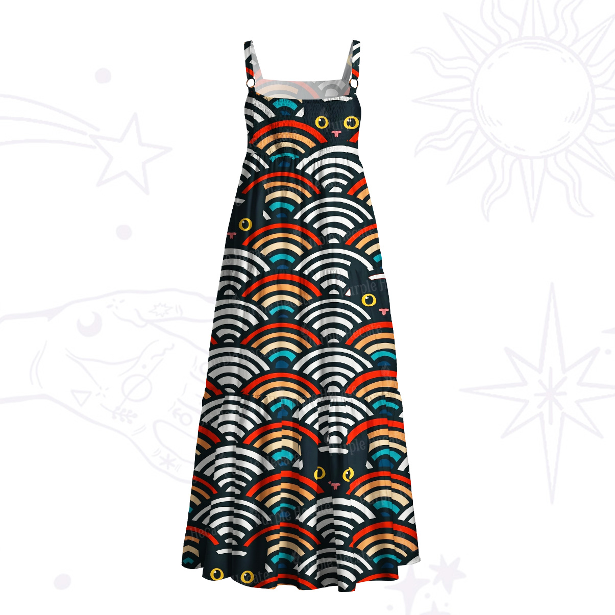Purplehecate Rainbow Black Cat Waves Wide Straps Maxi Dress