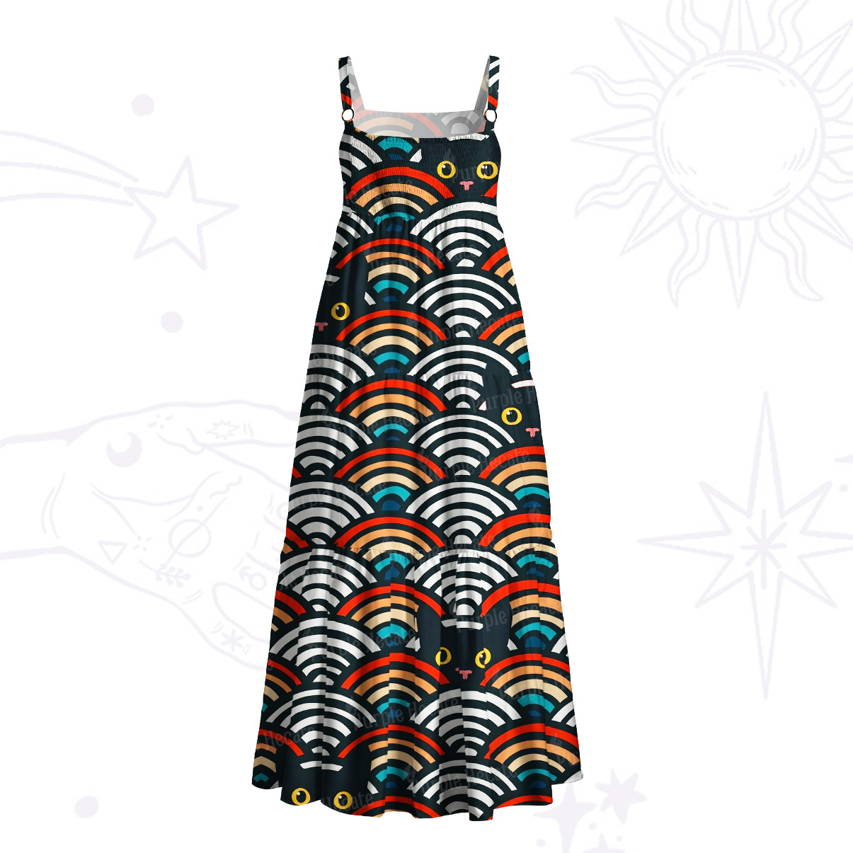Purplehecate Rainbow Black Cat Waves Wide Straps Maxi Dress