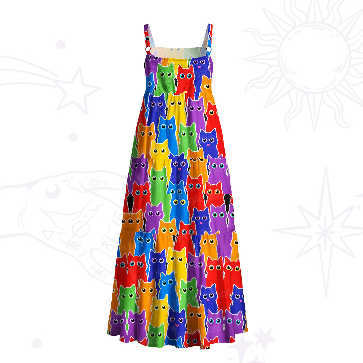 Purplehecate Rainbow Cat Wide Straps Maxi Dress