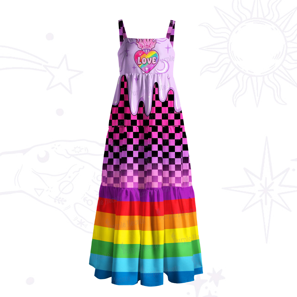 Purplehecate Rainbow Lovewave Checker Wide Straps Maxi Dress