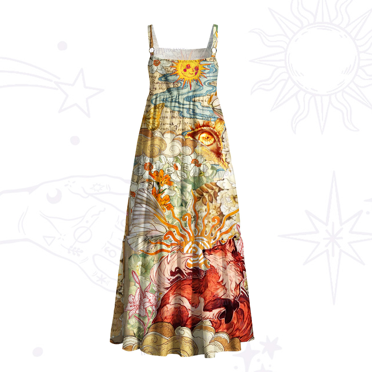 Purplehecate Mystic Sun Spirit Fox Dreamscape Wide Straps Maxi Dress