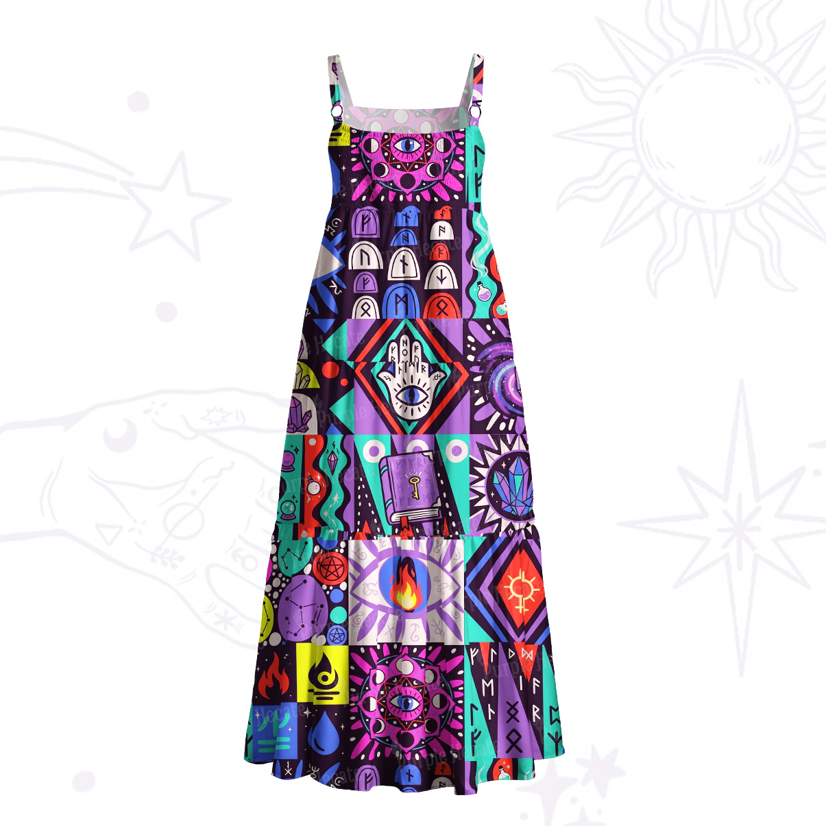 Purplehecate Mystic Symbols Patchwork Wide Straps Maxi Dress