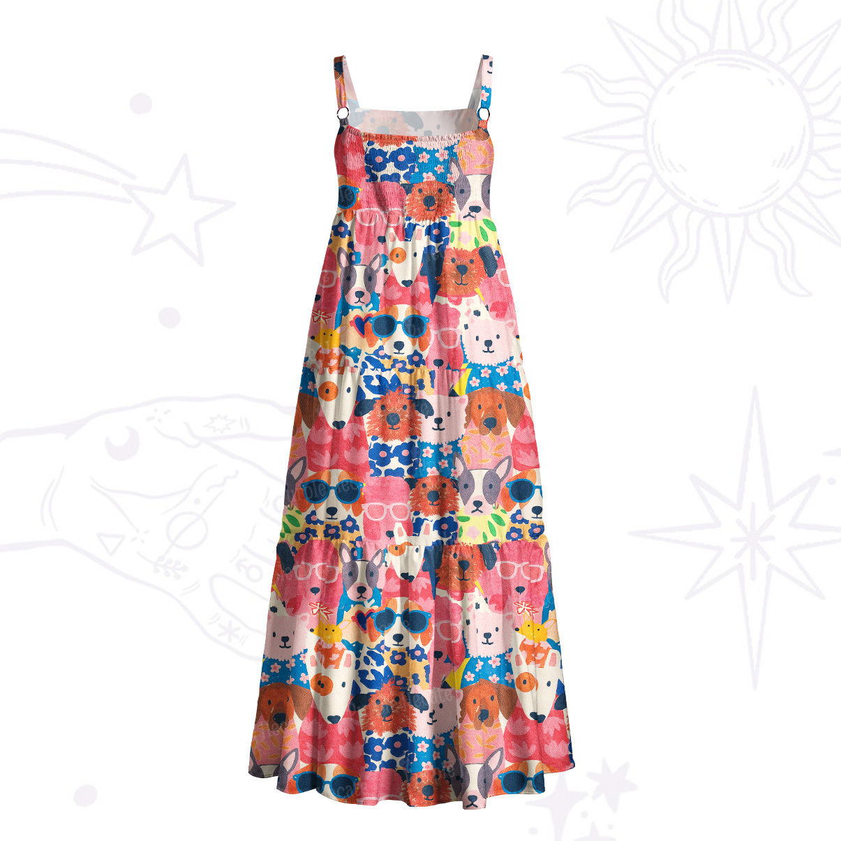 Purplehecate Happy Dog Faces Wide Straps Maxi Dress