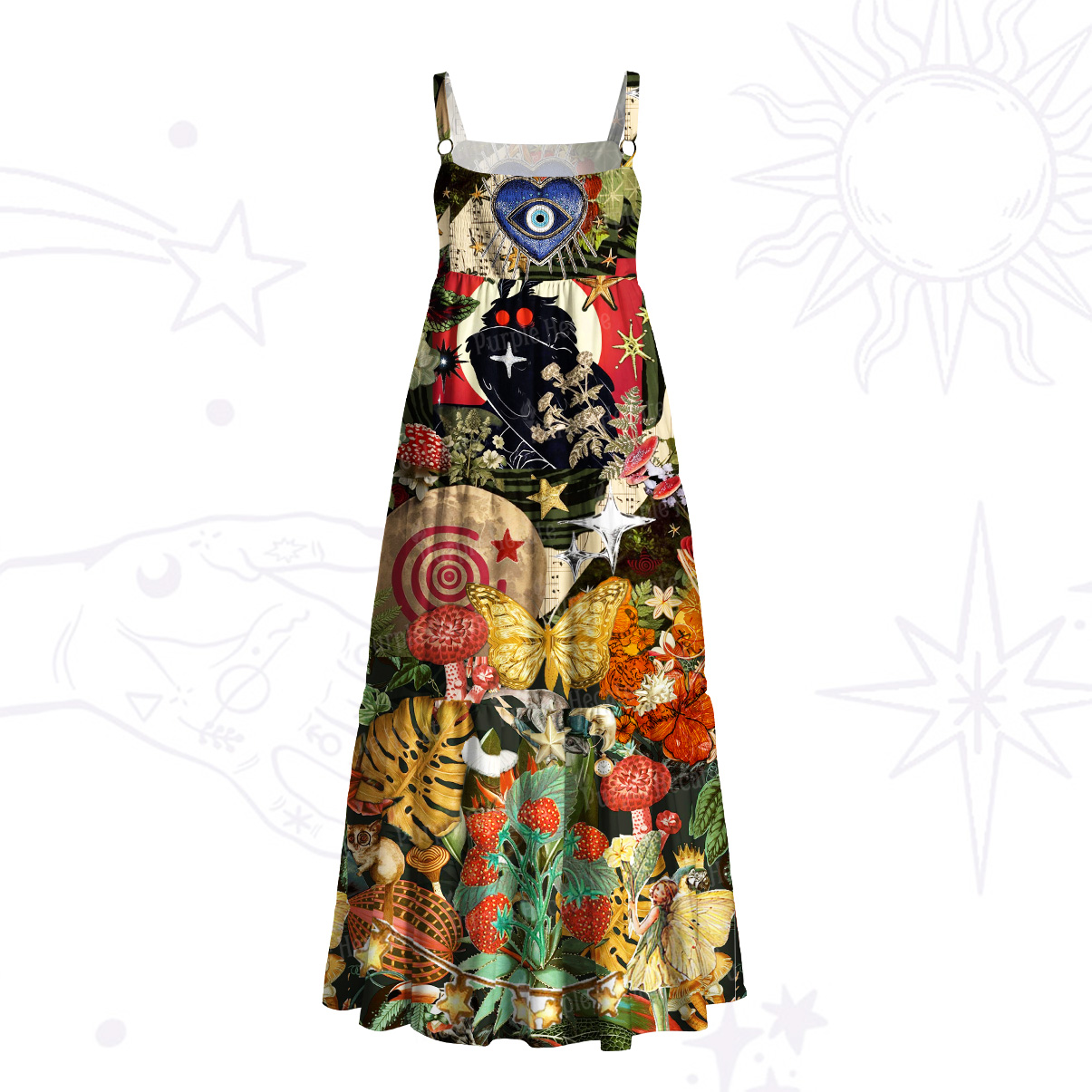 Purplehecate Mystic Jungle Creatures Collage Wide Straps Maxi Dress