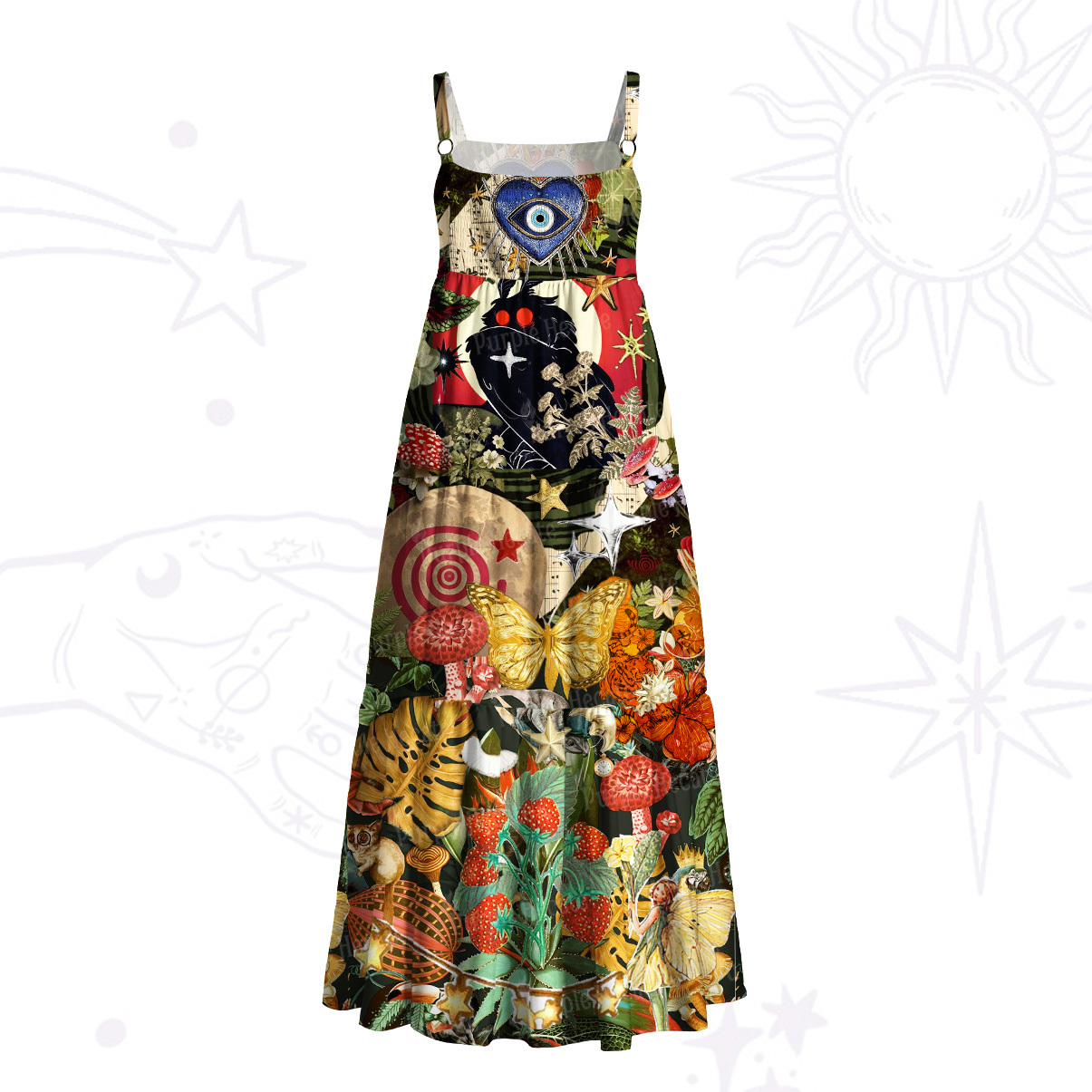 Purplehecate Mystic Jungle Creatures Collage Wide Straps Maxi Dress