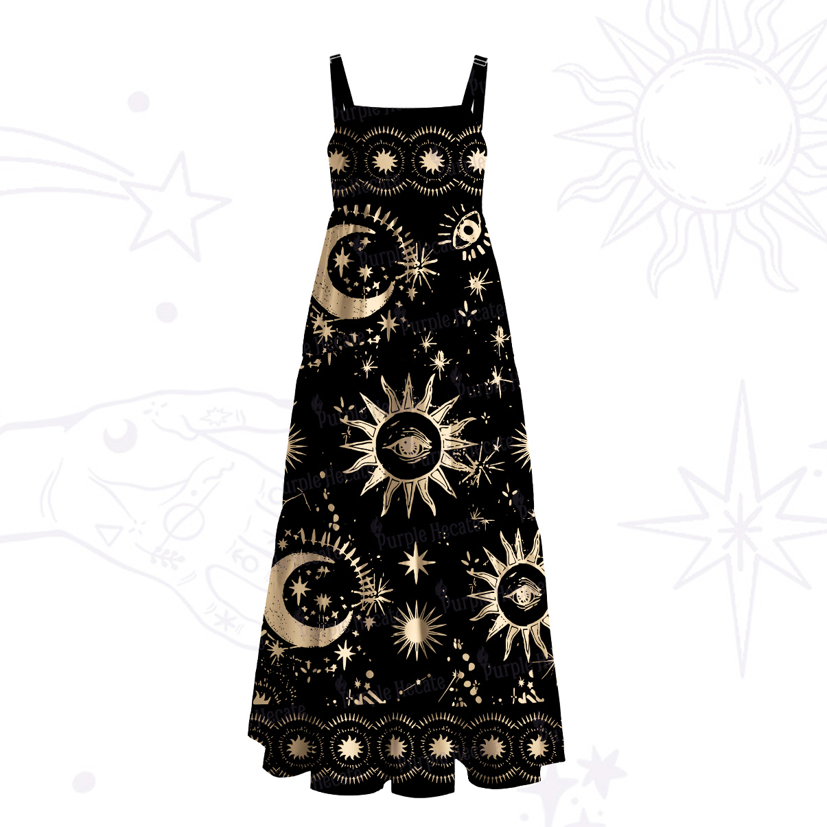 Purplehecate Cosmic Sun Moon Dream Wide Straps Maxi Dress