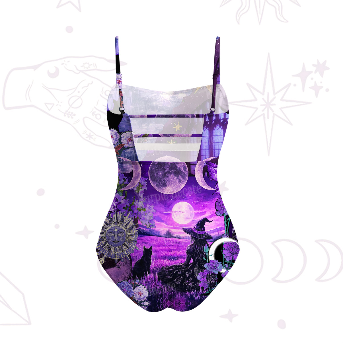 Purplehecate Witchy Black Cat Moon Slim-Strap Swimsuit