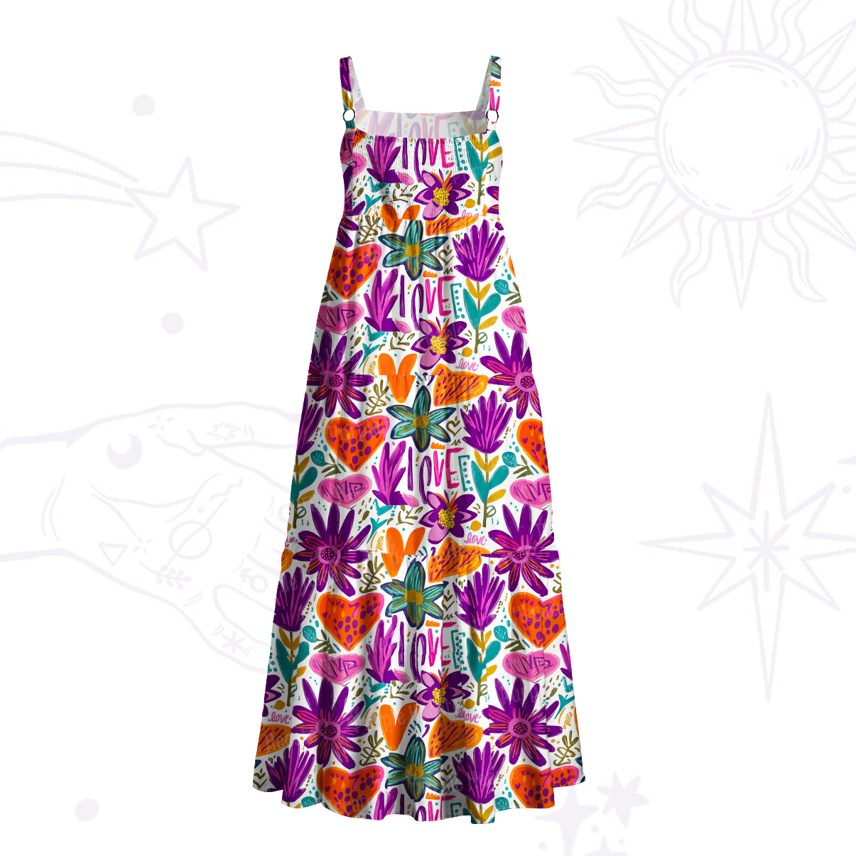 Purplehecate Love Bloom Hand‑Drawn Floral Wide Straps Maxi Dress