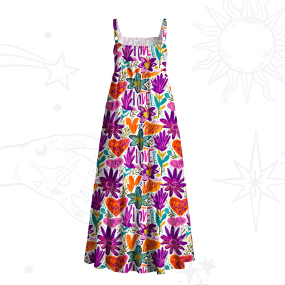 Purplehecate Love Bloom Hand‑Drawn Floral Wide Straps Maxi Dress