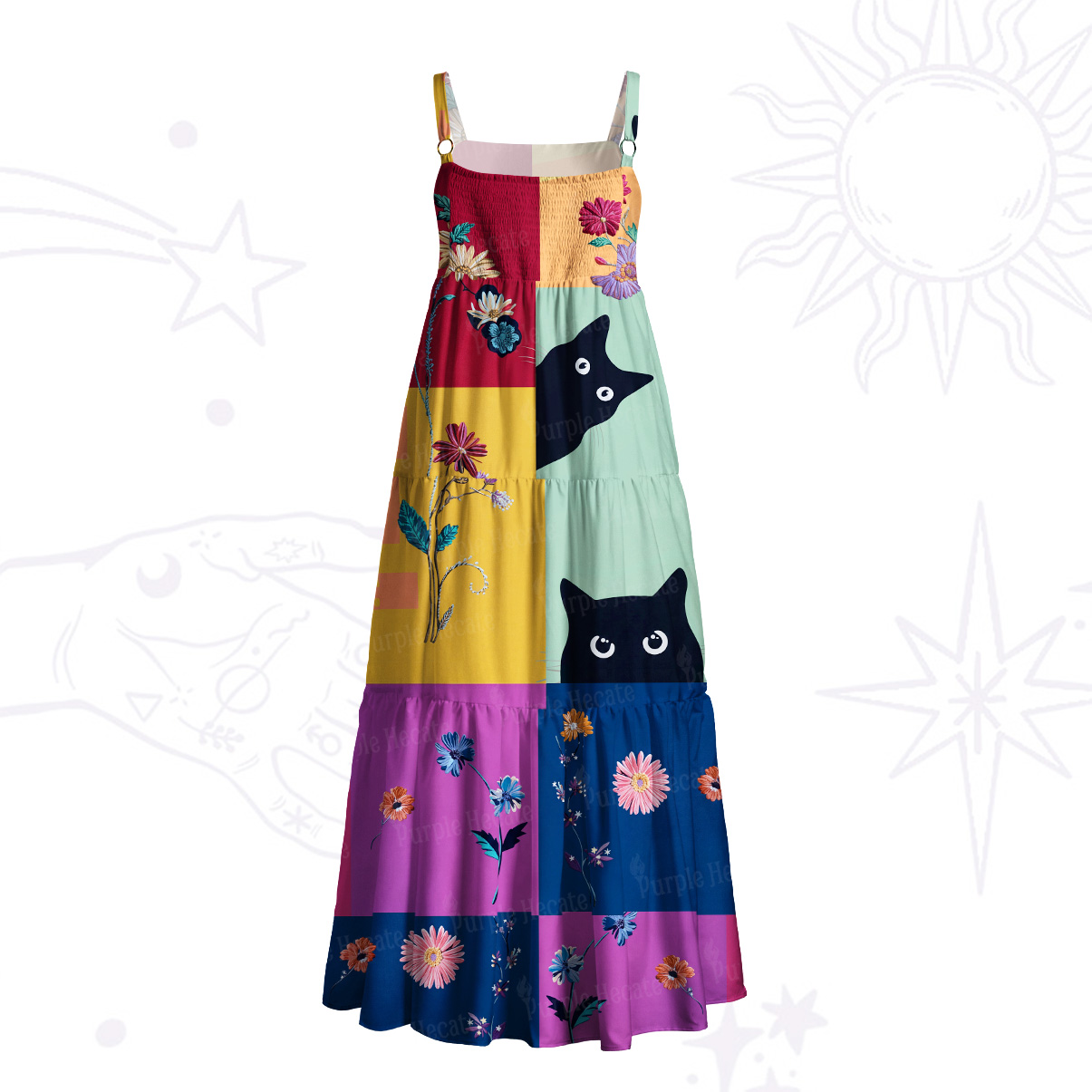 Purplehecate Peekaboo Cat Patchwork Wide Straps Maxi Dress