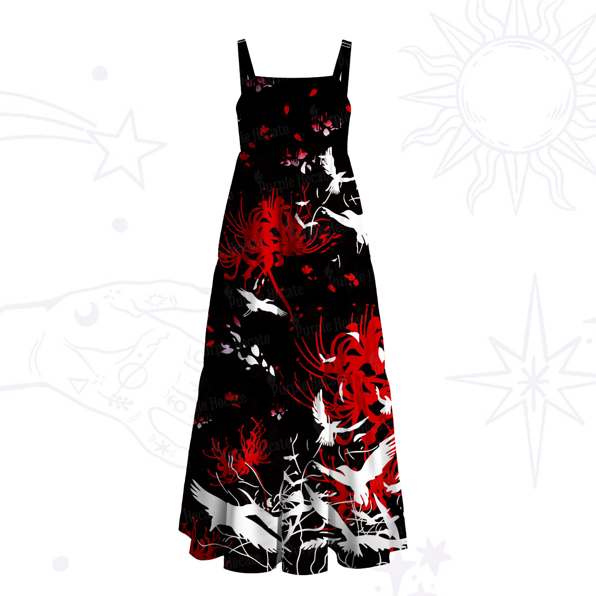 Purplehecate Midnight Higanbana Wide Straps Maxi Dress