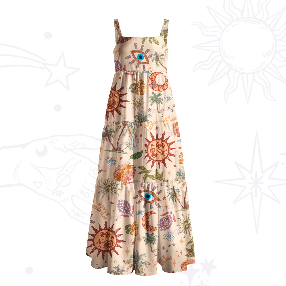Purplehecate Hippie Mystic Sun & Moon Wide Straps Maxi Dress