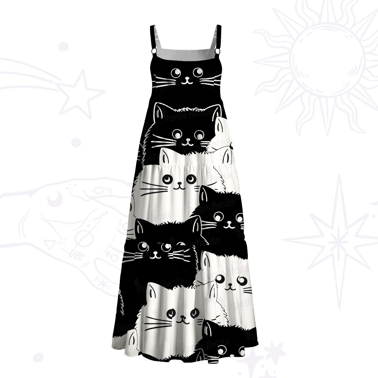 Purplehecate Curious Cats Wide Straps Maxi Dress