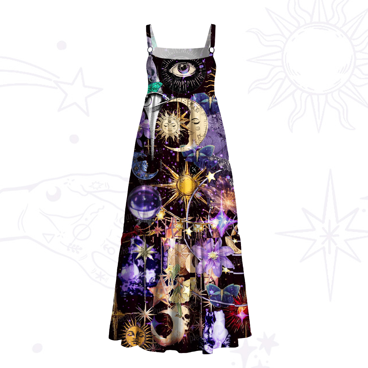 Purplehecate Witchy Galaxy All‑Over Print Wide Straps Maxi Dress