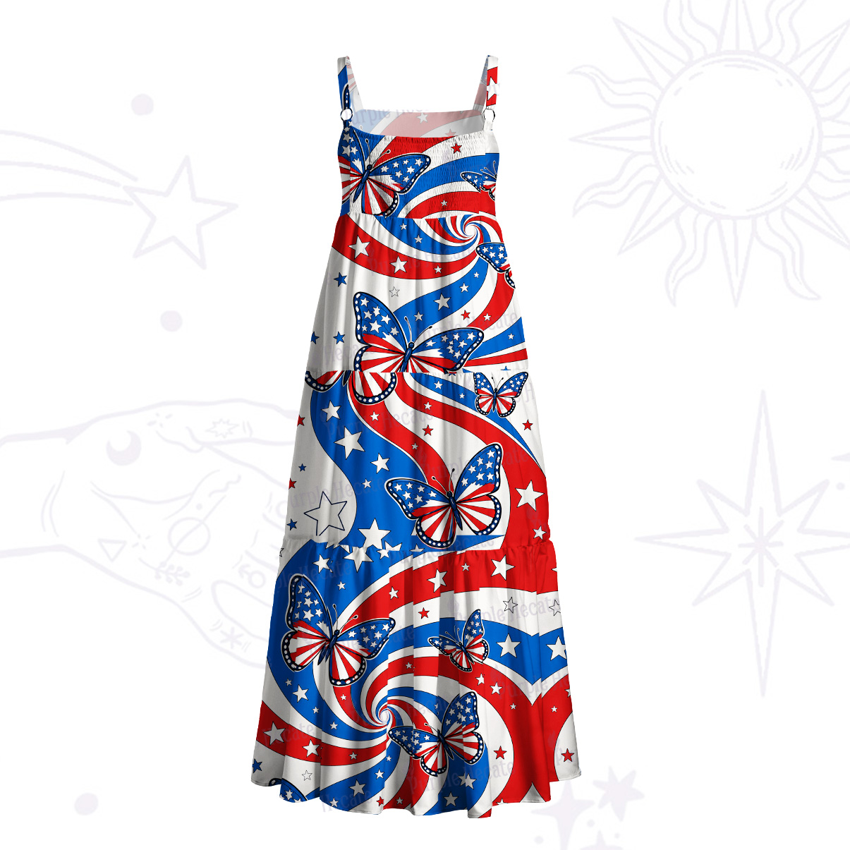 Purplehecate Patriotic Butterfly 4th of July Wide Straps Maxi Dress