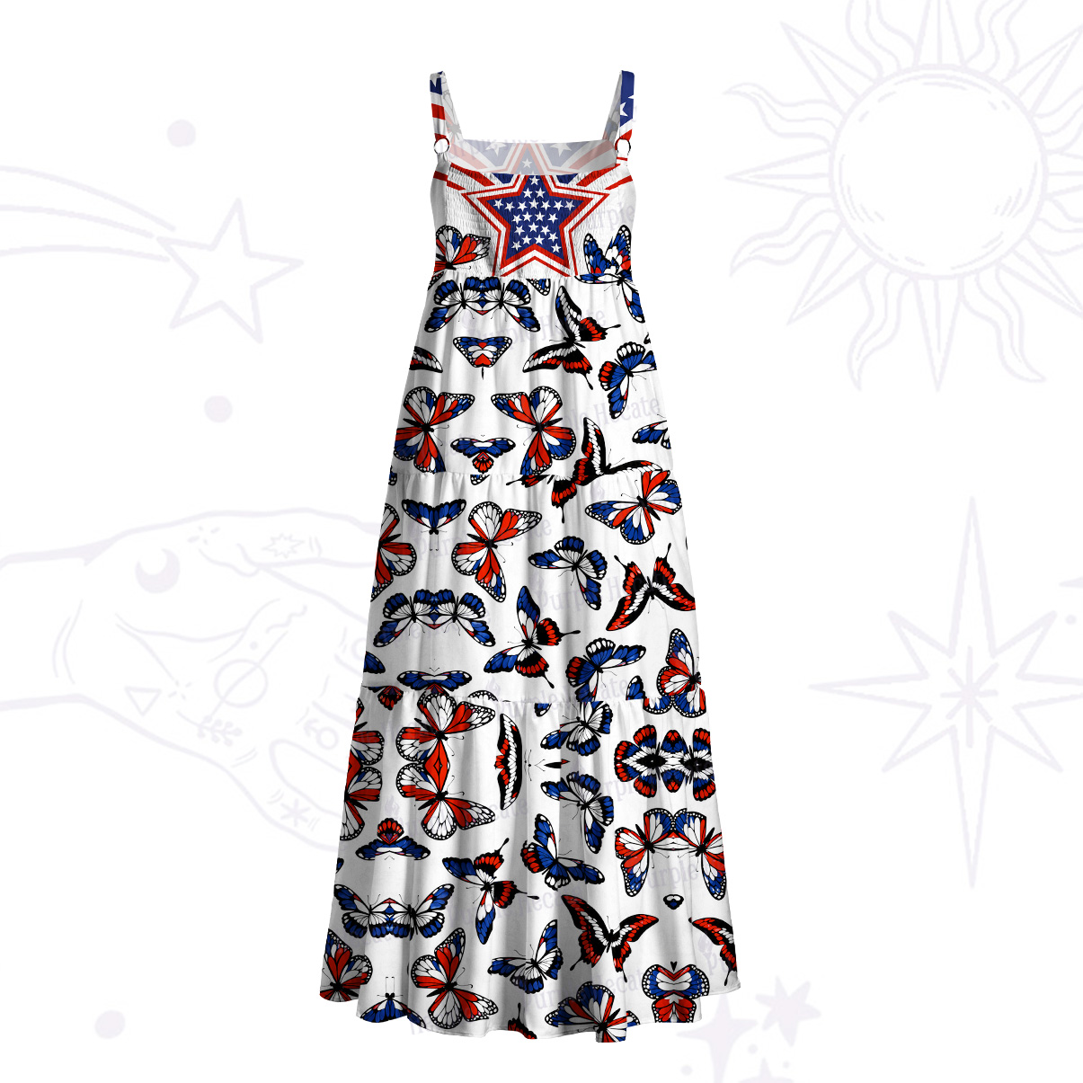 Purplehecate Red White Blue Patriotic Butterfly Wide Straps Maxi Dress