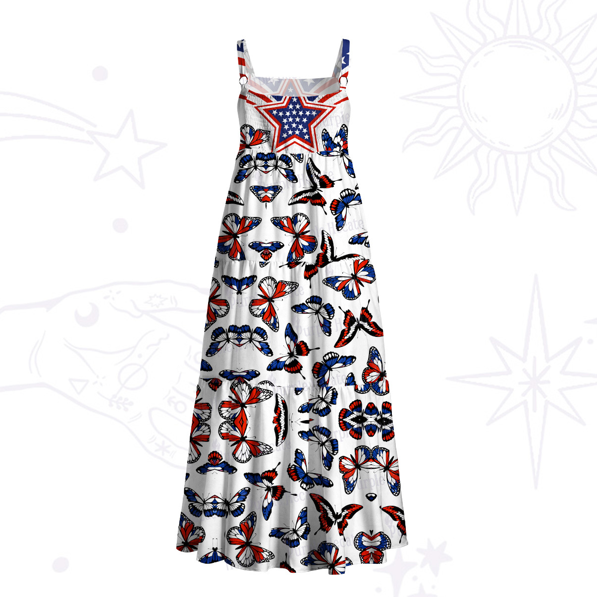 Purplehecate Red White Blue Patriotic Butterfly Wide Straps Maxi Dress