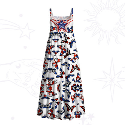 Purplehecate Red White Blue Patriotic Butterfly Wide Straps Maxi Dress