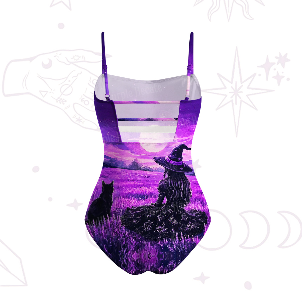 Purplehecate Dreamy Purple Witch and Black Cat Slim-Strap Swimsuit