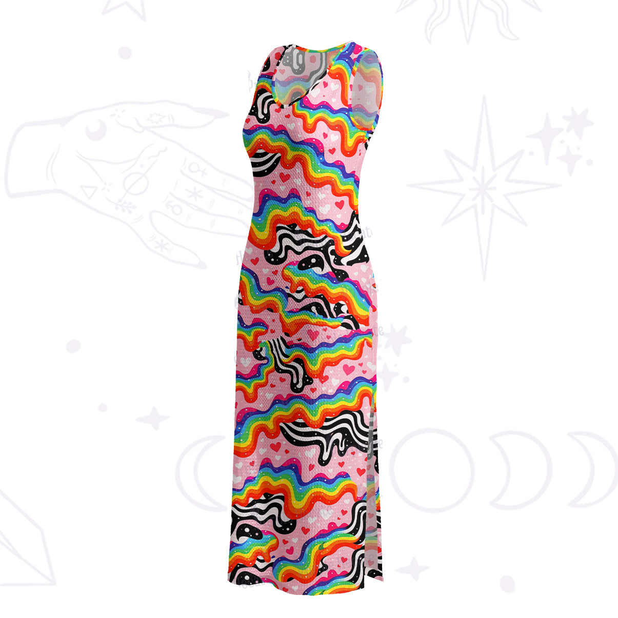 Purplehecate Groovy Melty Rainbow Hearts Wavy Crochet Knit Maxi Dress