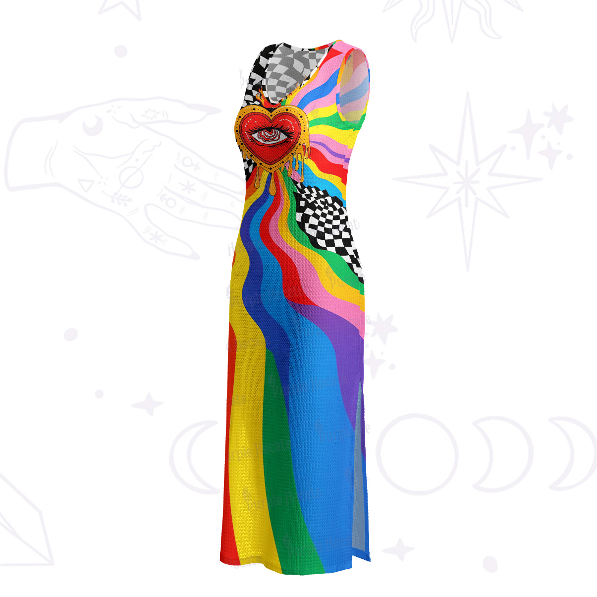 Purplehecate Trippy Rainbow Heart Eye Crochet Knit Maxi Dress