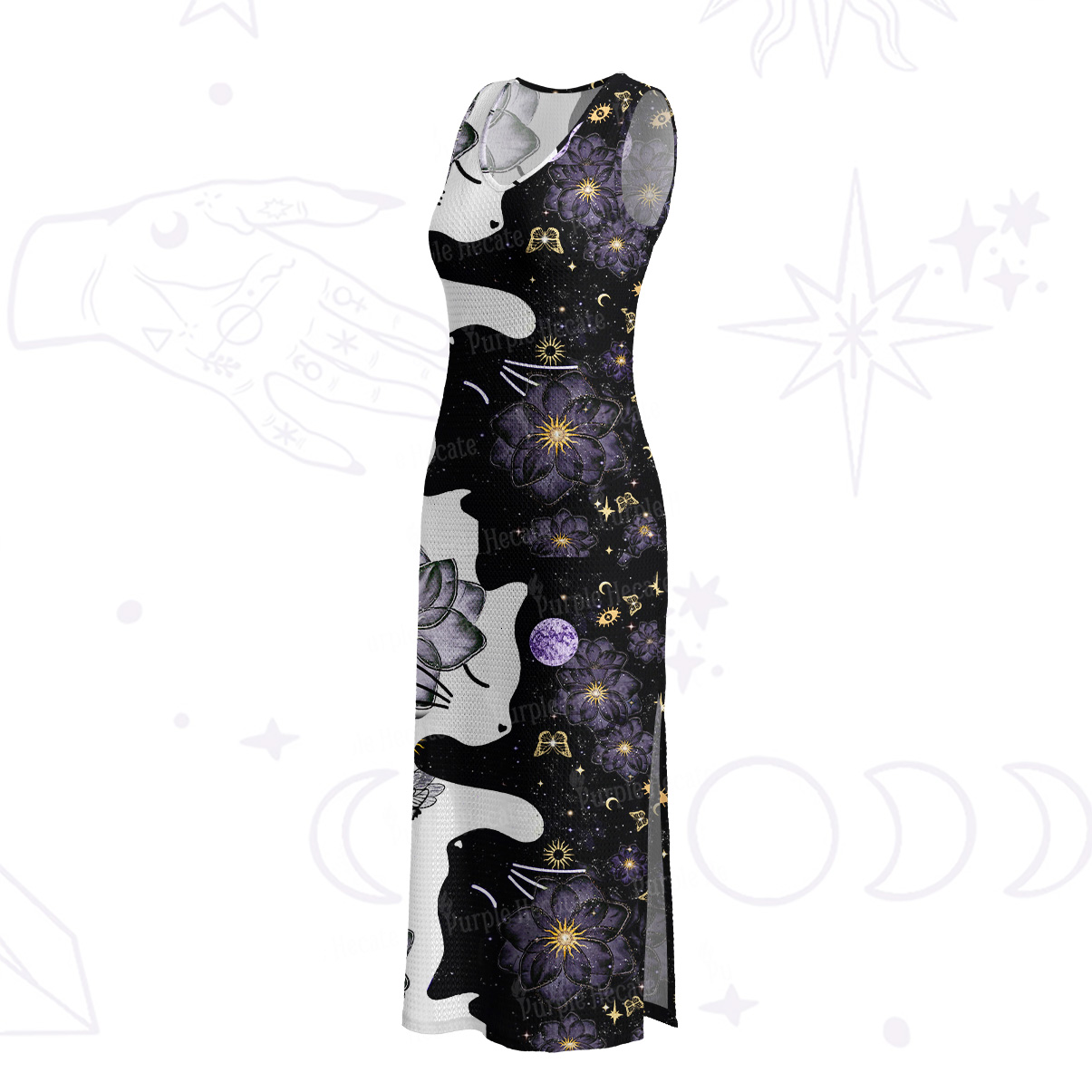 Purplehecate Starlit Cats & Butterflies Crochet Knit Maxi Dress