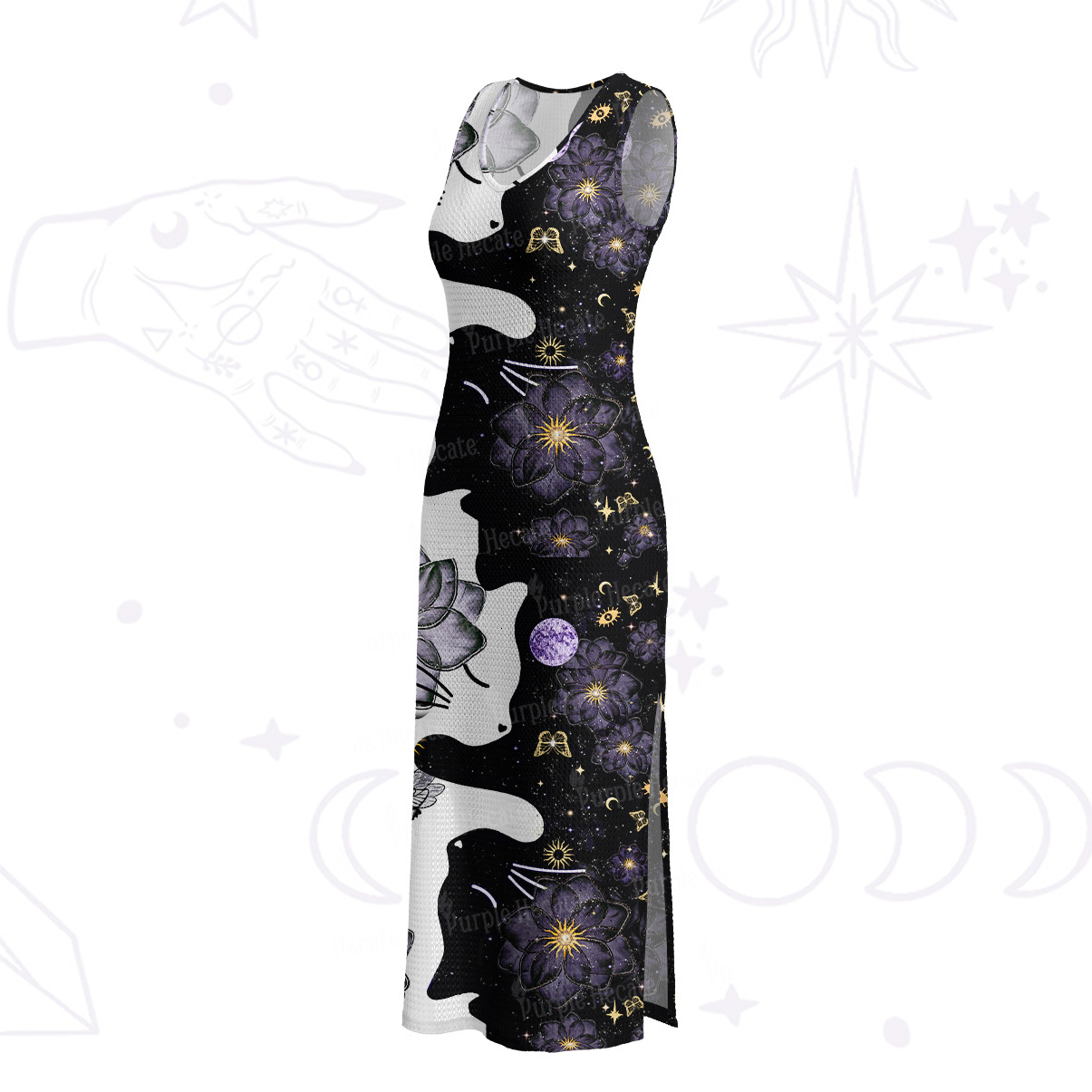 Purplehecate Starlit Cats & Butterflies Crochet Knit Maxi Dress