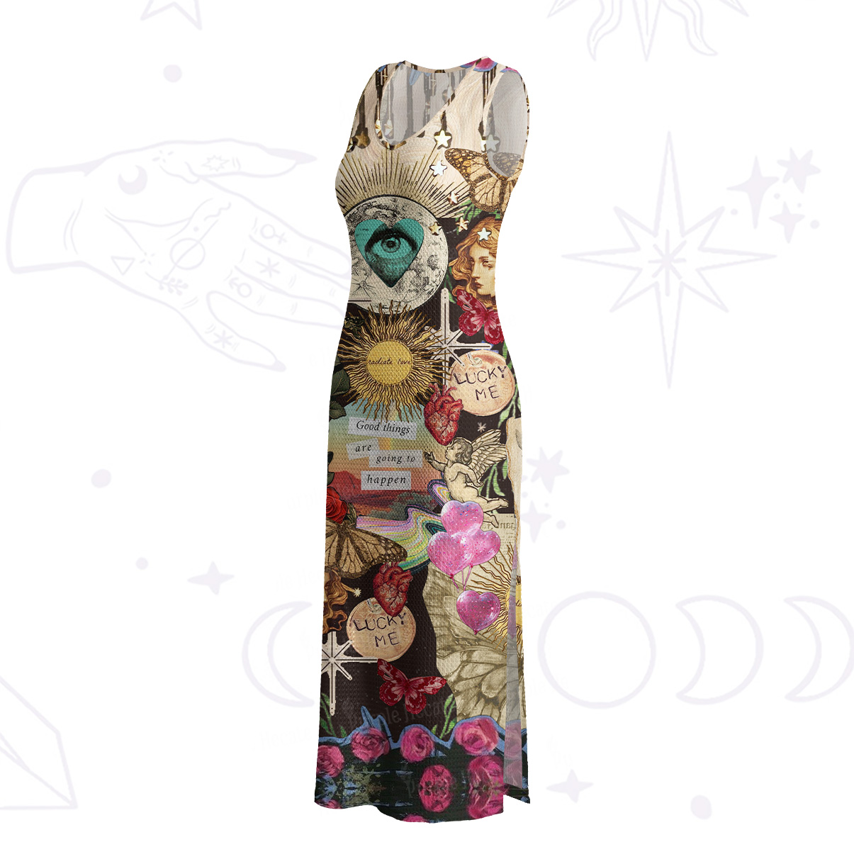 Purplehecate Lucky Me Sacred Heart Eye Crochet Knit Maxi Dress