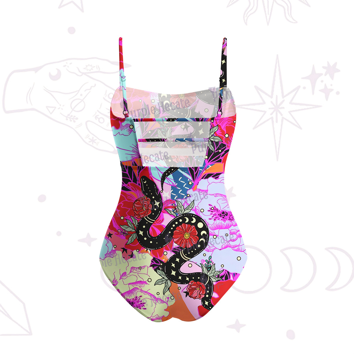 Purplehecate Enchanted Black Serpent & Floral Pattern Slim-Strap Swimsuit