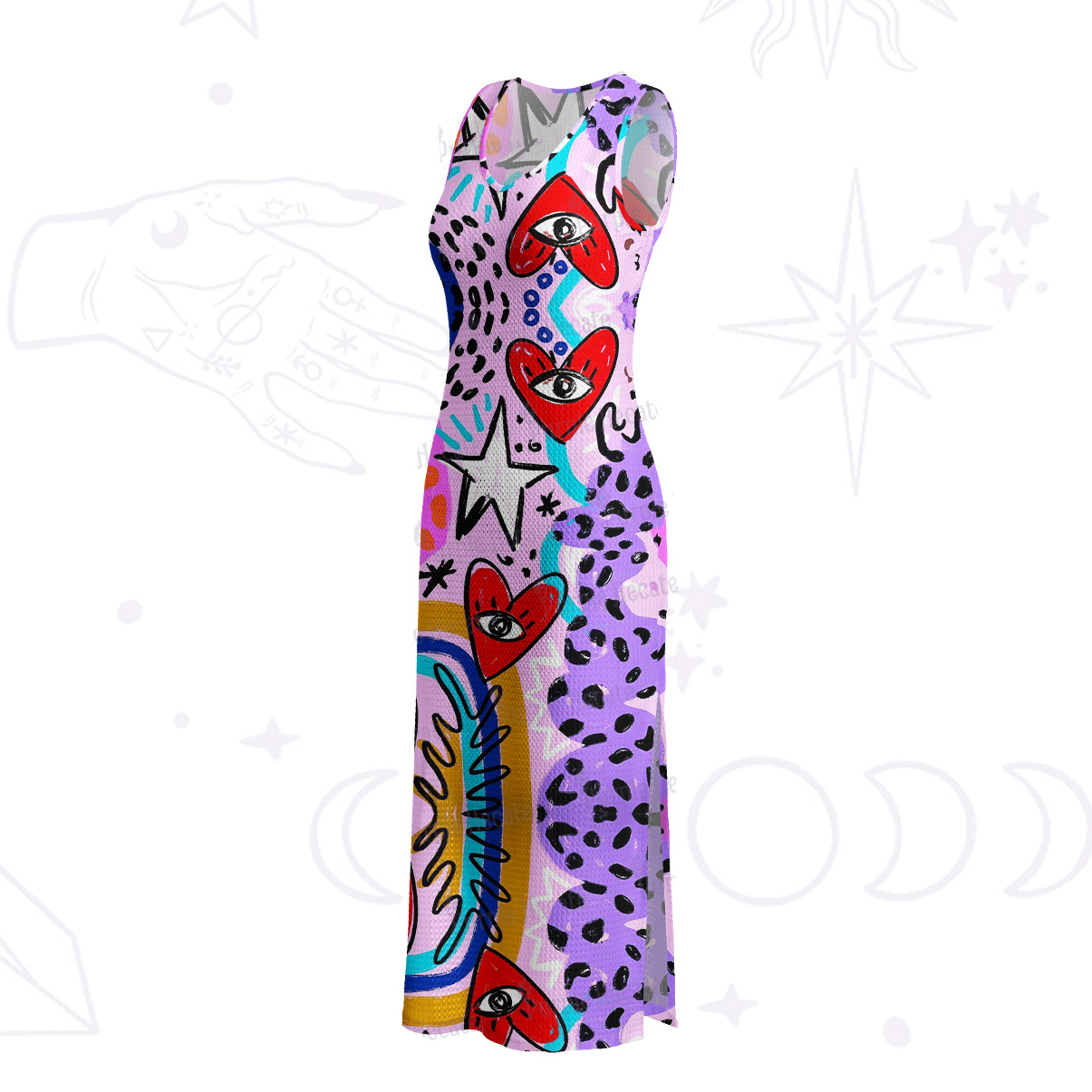 Purplehecate Cosmic Love Eyes Graffiti Crochet Knit Maxi Dress