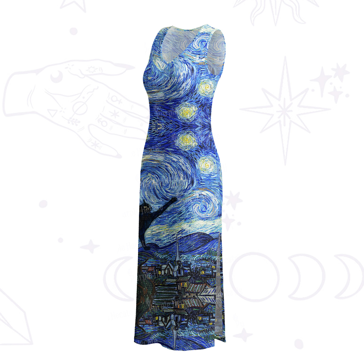 Purplehecate Witch Cat Under the Starry Night Crochet Knit Maxi Dress