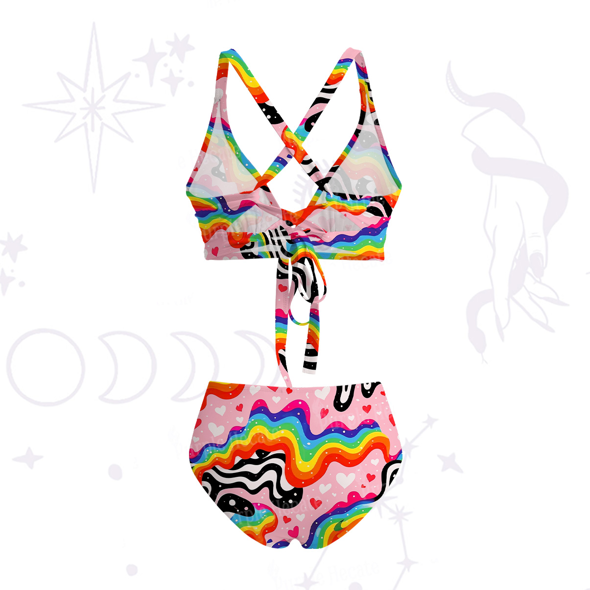 Purplehecate Groovy Melty Rainbow Hearts Wavy Crisscross Tie-Back Bikini Set