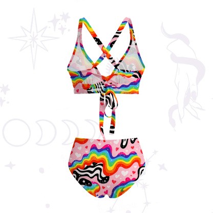 Purplehecate Groovy Melty Rainbow Hearts Wavy Crisscross Tie-Back Bikini Set