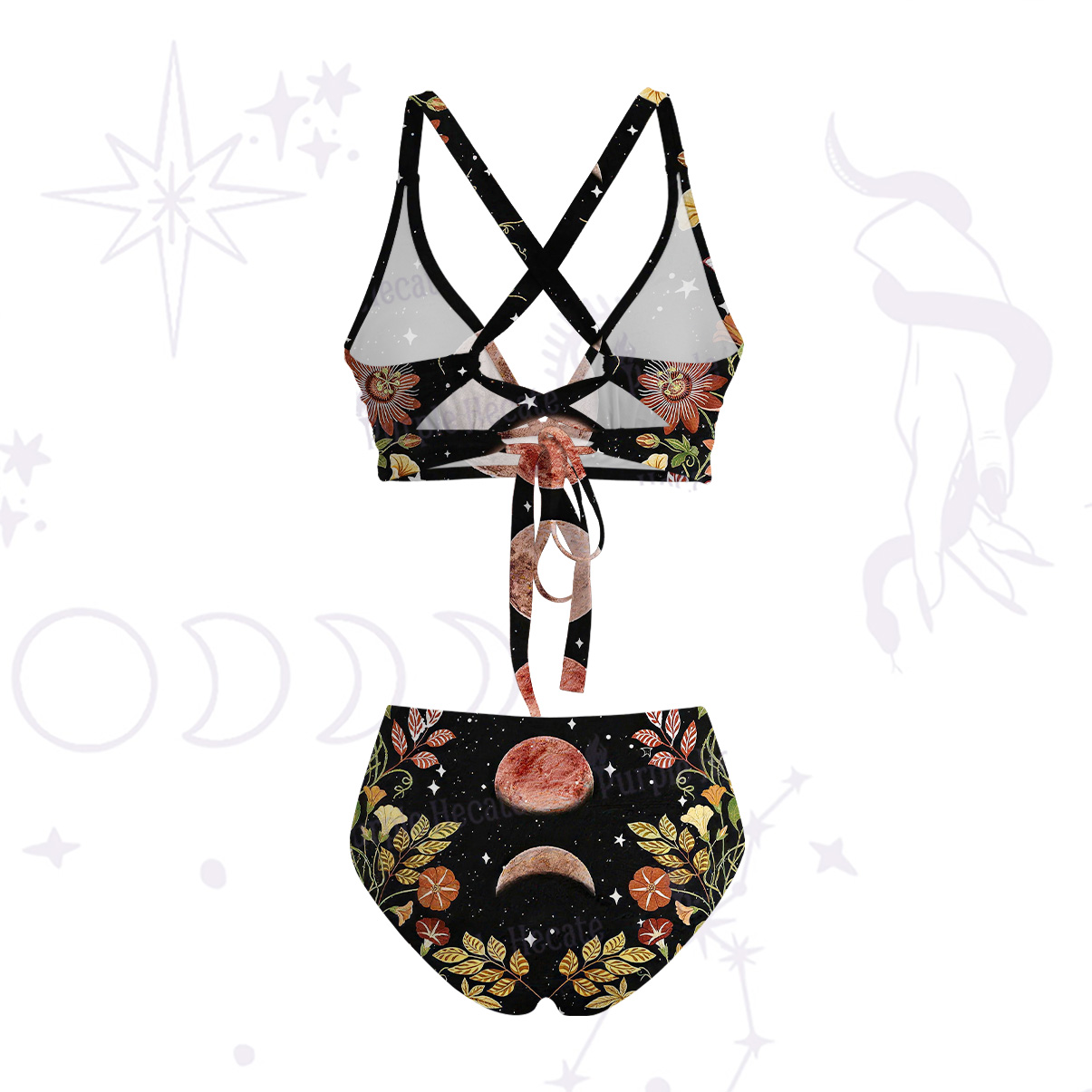 Purplehecate Moon Phase Floral Crisscross Tie-Back Bikini Set