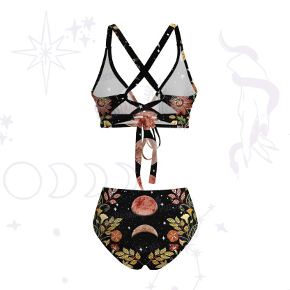 Purplehecate Moon Phase Floral Crisscross Tie-Back Bikini Set