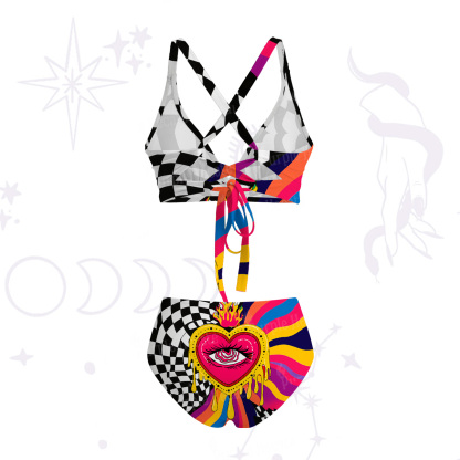 Purplehecate Trippy Rainbow Heart Eye Crisscross Tie-Back Bikini Set